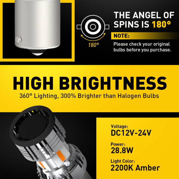 1156, 7506, P21W, BA15S LED Turn Signal Light Bulbs With Build-in Load Resistor CANBUS Error Free | Amber Yellow Online now - Image 2