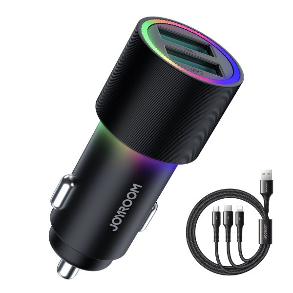 JR-CL10 4.8A Dual-port (USB) Car Charger +S-1230G4 3-in-1 Charging Cable 1.2m For Discount - Image 2
